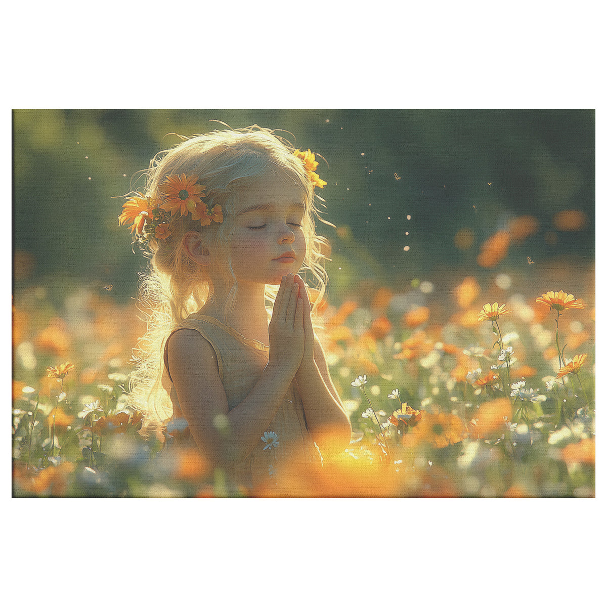Blonde-Haired Little Girl with Floral Crown Praying Peacefully in a Sunlit Spring Meadow Surrounded Vibrant Flowers  Heartwarming Christian Canvas Art for Inspirational Decor - Awakening Righteousness