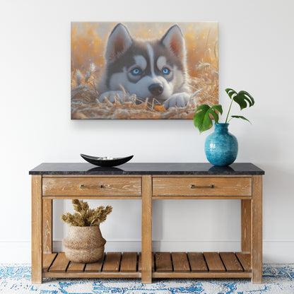Cute Baby Husky Puppy with Blue Eyes Lying in Autumn Grass Canvas Wall Art Decor - Awakening Righteousness