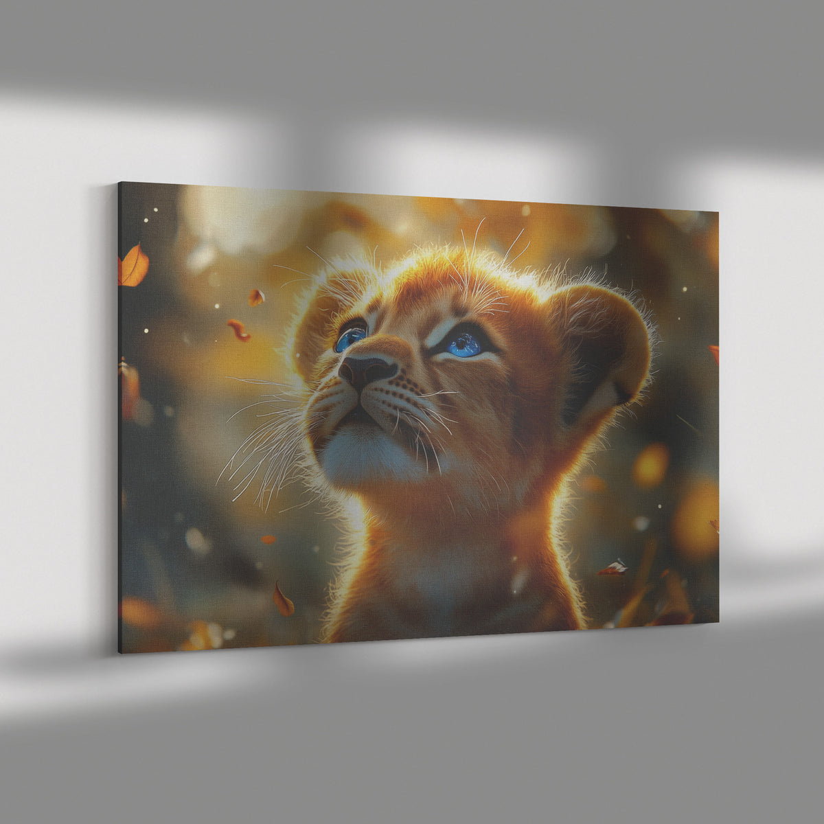 Cute Baby Lion with Blue Eyes and Orange Mane in Autumn Leaves Canvas Wall Art Decor - Awakening Righteousness