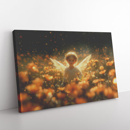Cute Little Angel Girl with Glowing Wings Surrounded Vibrant Flowers Golden Fireflies and Dreamy Warm Lights in a Magical Garden of Tranquility and Enchanting Beauty - Awakening Righteousness