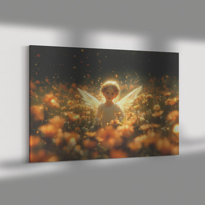 Cute Little Angel Girl with Glowing Wings Surrounded Vibrant Flowers Golden Fireflies and Dreamy Warm Lights in a Magical Garden of Tranquility and Enchanting Beauty - Awakening Righteousness