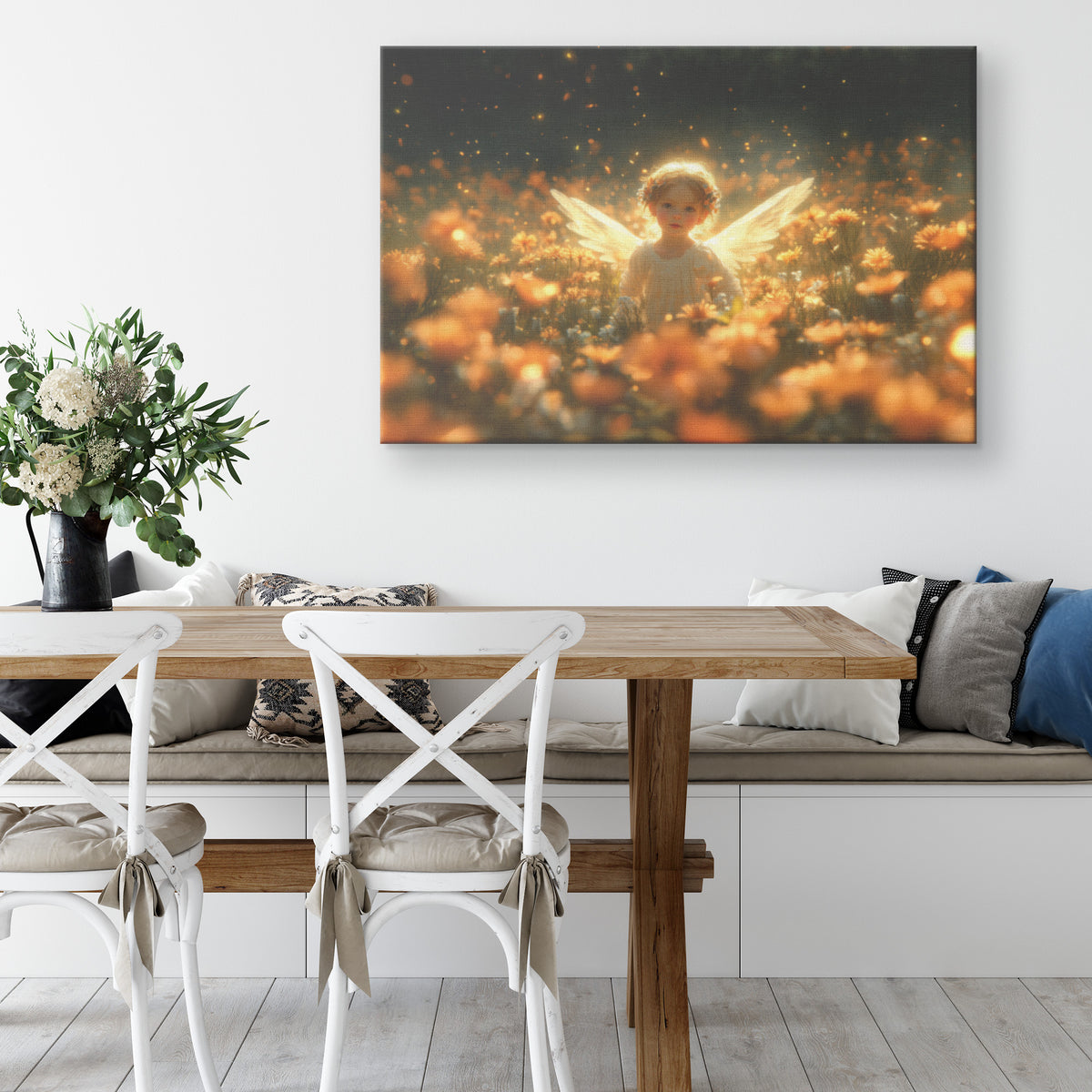 Cute Little Angel Girl with Glowing Wings Surrounded Vibrant Flowers Golden Fireflies and Dreamy Warm Lights in a Magical Garden of Tranquility and Enchanting Beauty - Awakening Righteousness