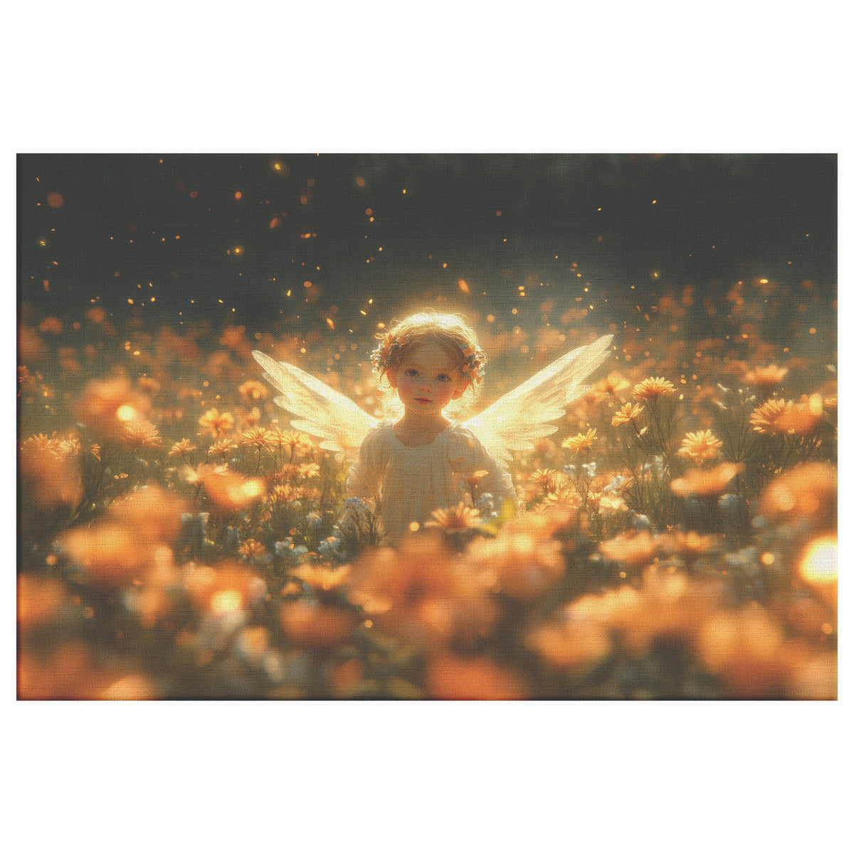 Cute Little Angel Girl with Glowing Wings Surrounded Vibrant Flowers Golden Fireflies and Dreamy Warm Lights in a Magical Garden of Tranquility and Enchanting Beauty - Awakening Righteousness