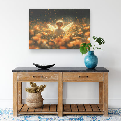 Cute Little Angel Girl with Glowing Wings Surrounded Vibrant Flowers Golden Fireflies and Dreamy Warm Lights in a Magical Garden of Tranquility and Enchanting Beauty - Awakening Righteousness