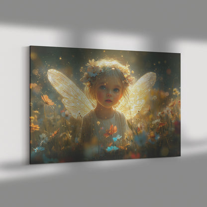 Cute Little Girl with Fairy Wings Surrounded Wildflowers in a Magical Dreamy Garden  Whimsical Canvas Wall Art for Home Nursery or Living Room Decor - Awakening Righteousness