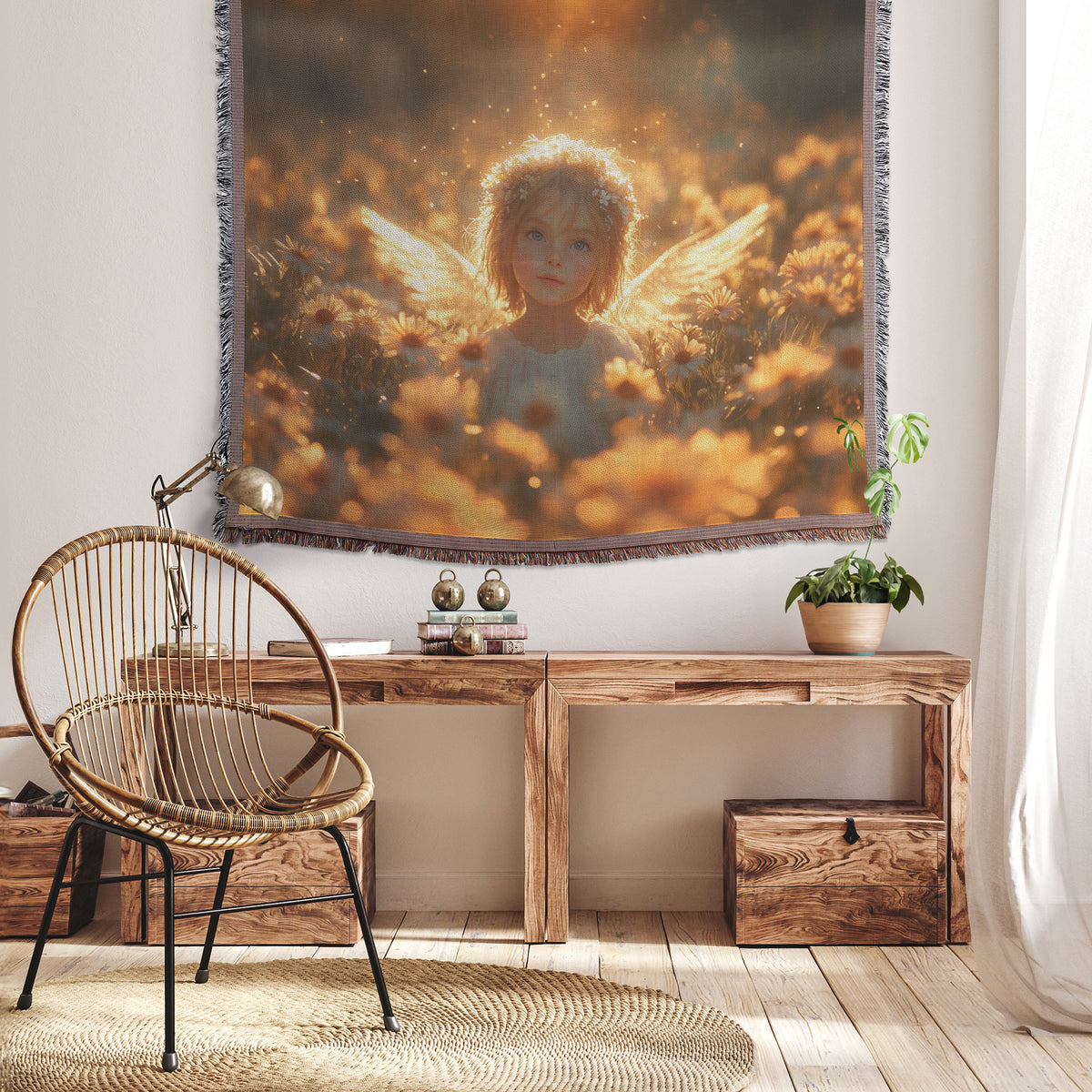Delicate Little Angel Surrounded Golden Daisies  Spiritual Purity and Divine Love  Christian Woven Throw Blanket - Awakening Righteousness
