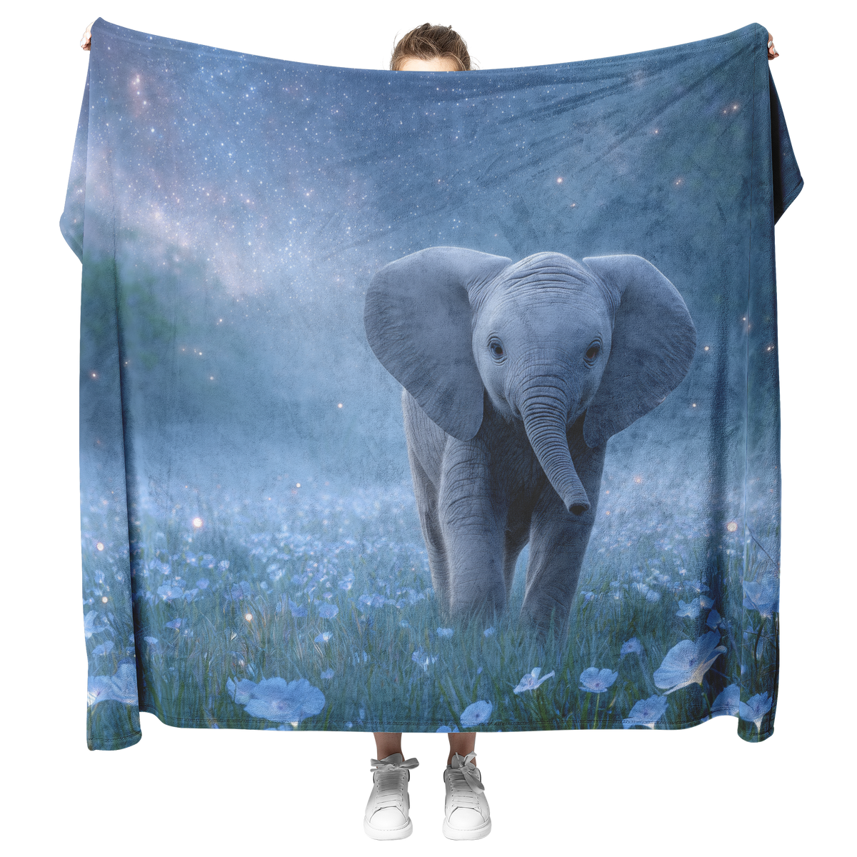 Enchanted_Baby_Elephant_In_Field_Of_Star_H_Blanket_Model_Mockup.png