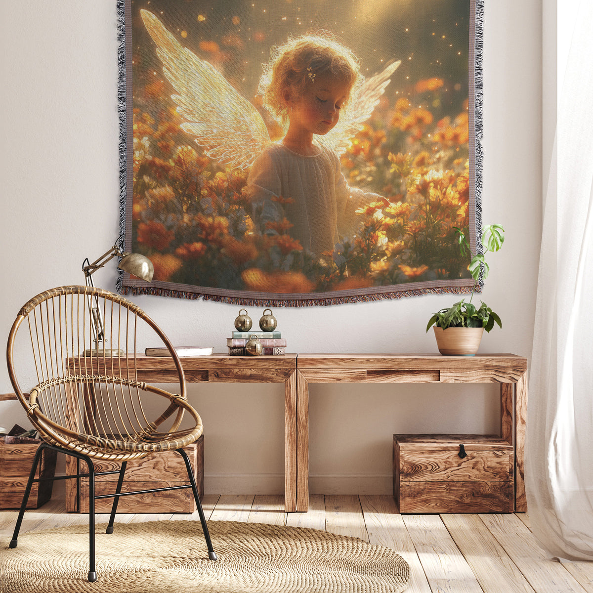 Enchanting Little Angel with Golden Wings in Blooming Meadow  Heavenly Light and Divine Beauty  Christian Woven Throw Blanket - Awakening Righteousness