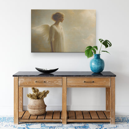 Ethereal Angelic Woman with Soft Wings in Enchanting Sky  Heavenly Tranquility Serene Expression Divine Peace Christian Canvas Art Spiritual Beauty - Awakening Righteousness