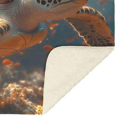 Giant Sea Turtle Swimming Near Glowing Coral Reef with Shimmering Fish and Golden Sunlight Fleece Sherpa Blanket - Awakening Righteousness