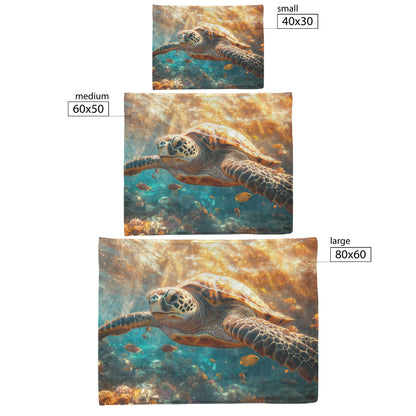 Giant Sea Turtle Swimming Near Glowing Coral Reef with Shimmering Fish and Golden Sunlight Fleece Sherpa Blanket - Awakening Righteousness