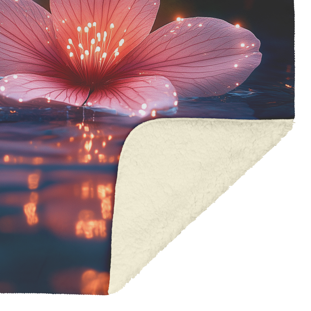 Glowing_Geranium_Petals_on_Pond_with_Gol_H_Blanket_Sherpa_Mockup.png
