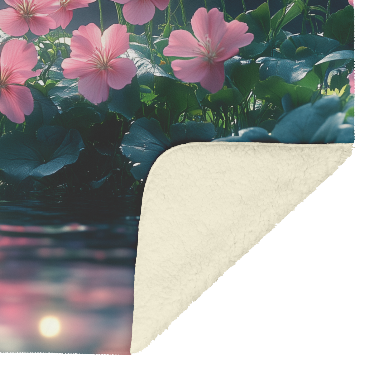 Glowing_Geraniums_by_Pond_with_Golden_Ri_H_Blanket_Sherpa_Mockup.png