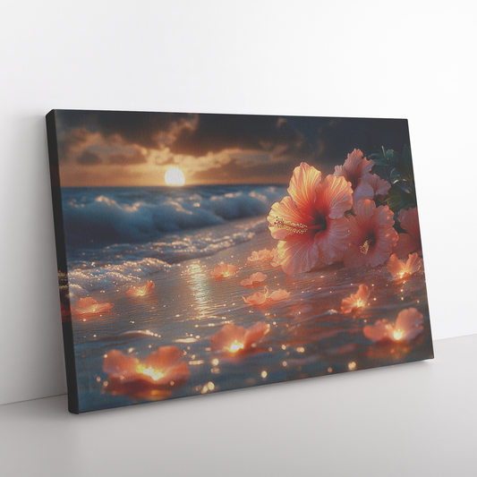 Glowing_Hibiscus_Petals_on_a_Golden_Beac_H_Rectangle_Angle_Floor_Mockup.png