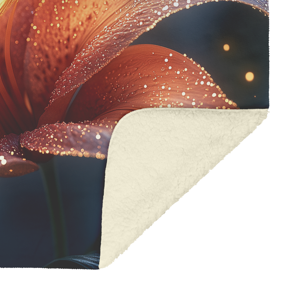 Glowing_Lily_with_Dewdrops_and_Firefly_S_H_Blanket_Sherpa_Mockup.png