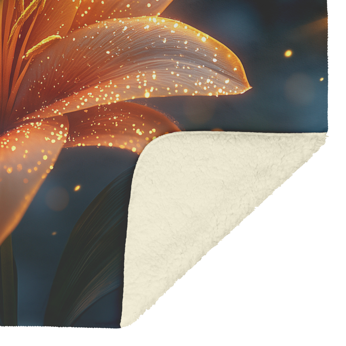 Glowing_Lily_with_Dewdrops_and_Firefly_S_H_Blanket_Sherpa_Mockup.png