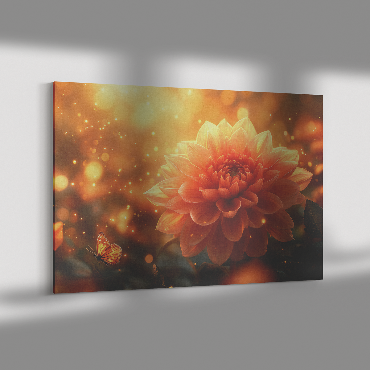 Glowing_Orange_Dahlia_Surrounded_by_Gold_H_Rectangle_Dramatic_Shadow_Mockup.png