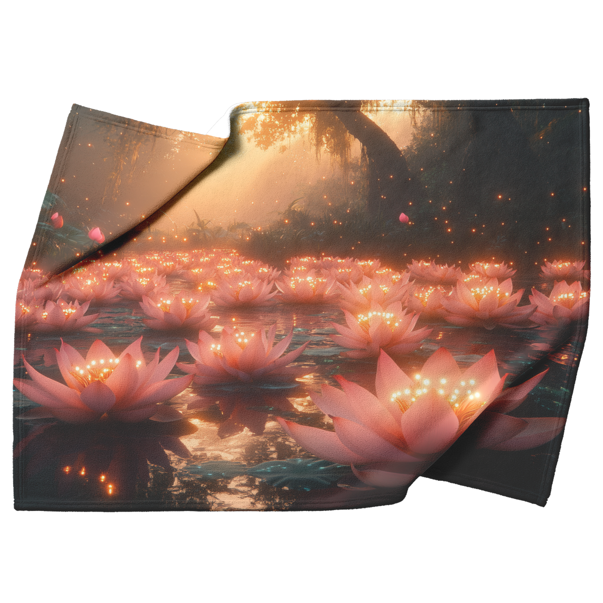 Glowing_Pink_Lotus_Flowers_in_Forest_wit_H_Blanket_Top_Bottom_Folds_Mockup.png