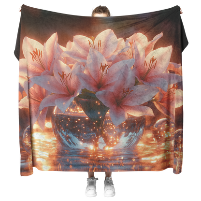 Glowing_Pink_and_White_Lilies_in_Crystal_H_Blanket_Model_Mockup.png