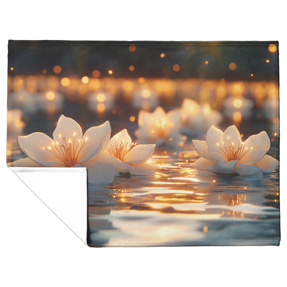 Glowing_White_Gardenias_on_Pond_with_Gol_H_Blanket_Flat_Fold_Mockup.png