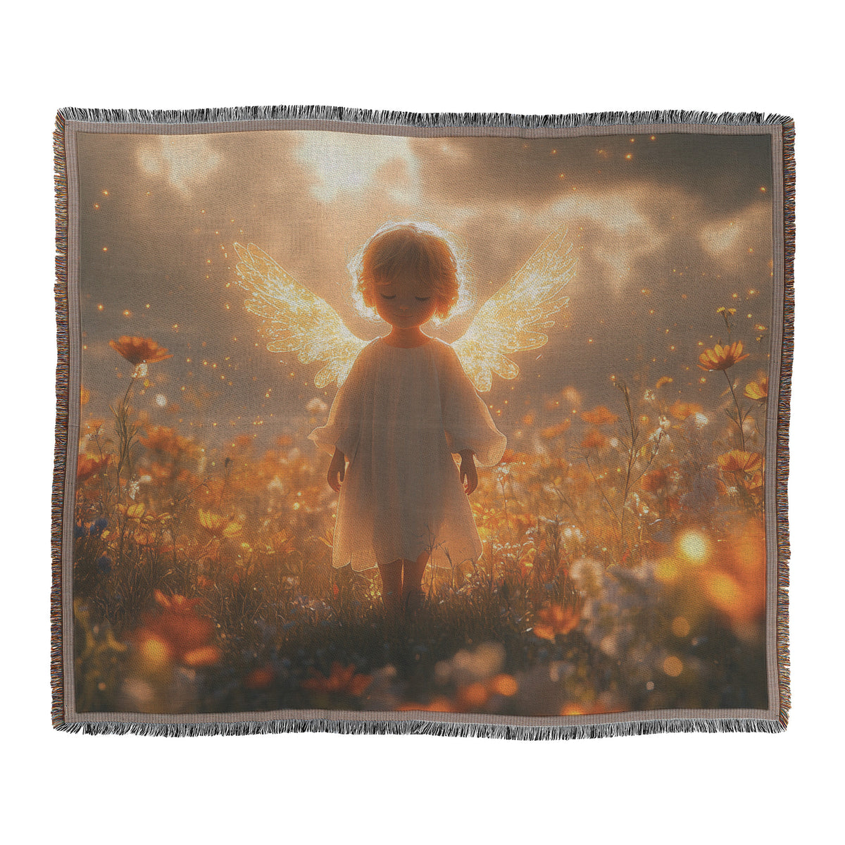 Golden-Winged Angel with Fiery Orange Hair in Wildflower Field Christian Woven Throw Blanket  Whimsical Nursery Decor Magical Living Room Blanket Serenity & Wonder - Awakening Righteousness