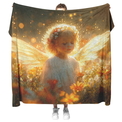 Golden Glow Angel Cozy Christian Fleece Sherpa Blanket Heavenly Light Amidst Blooming Flowers - Awakening Righteousness