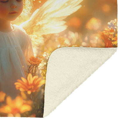 Golden Glow Angel Cozy Christian Fleece Sherpa Blanket Heavenly Light Amidst Blooming Flowers - Awakening Righteousness