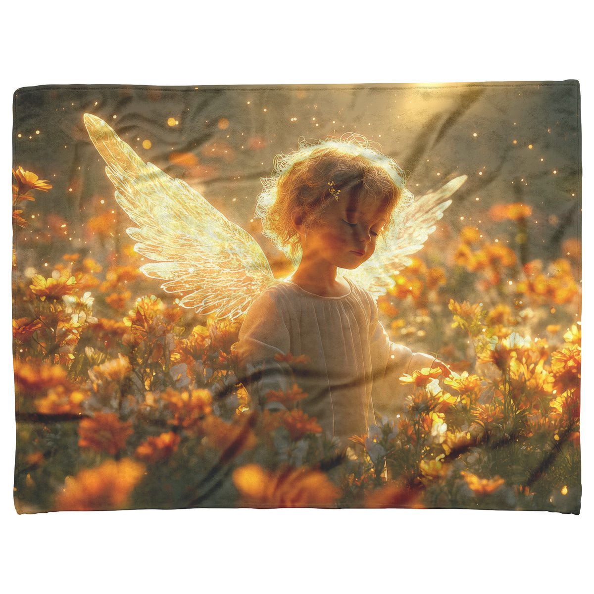 Golden Wings Angel Cozy Christian Fleece Sherpa Blanket Divine Light in a Flower Meadow - Awakening Righteousness