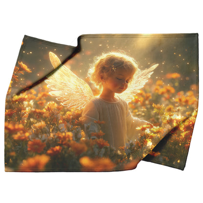 Golden Wings Angel Cozy Christian Fleece Sherpa Blanket Divine Light in a Flower Meadow - Awakening Righteousness