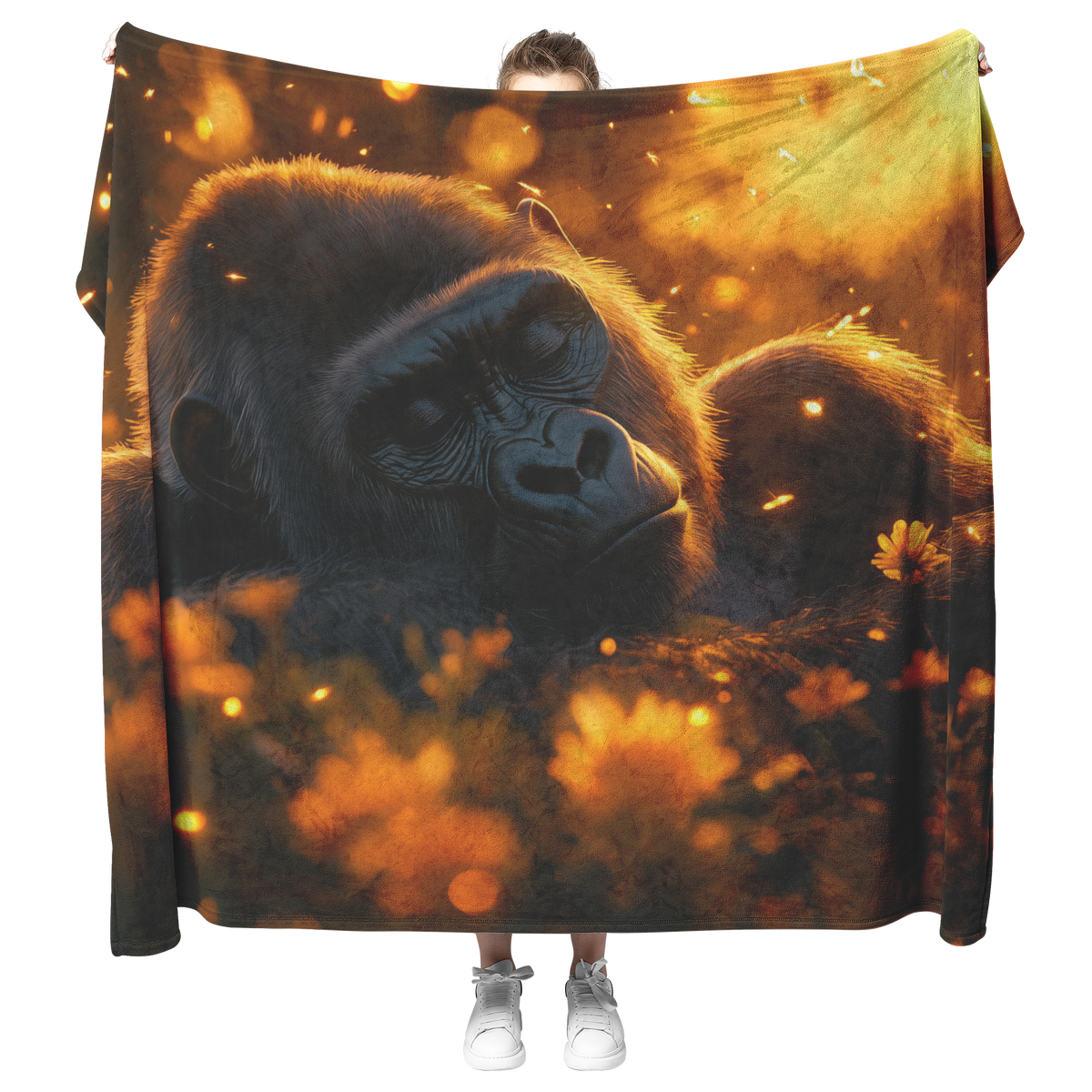Gorilla_Resting_in_Glowing_Field_of_Wild_H_Blanket_Model_Mockup.png