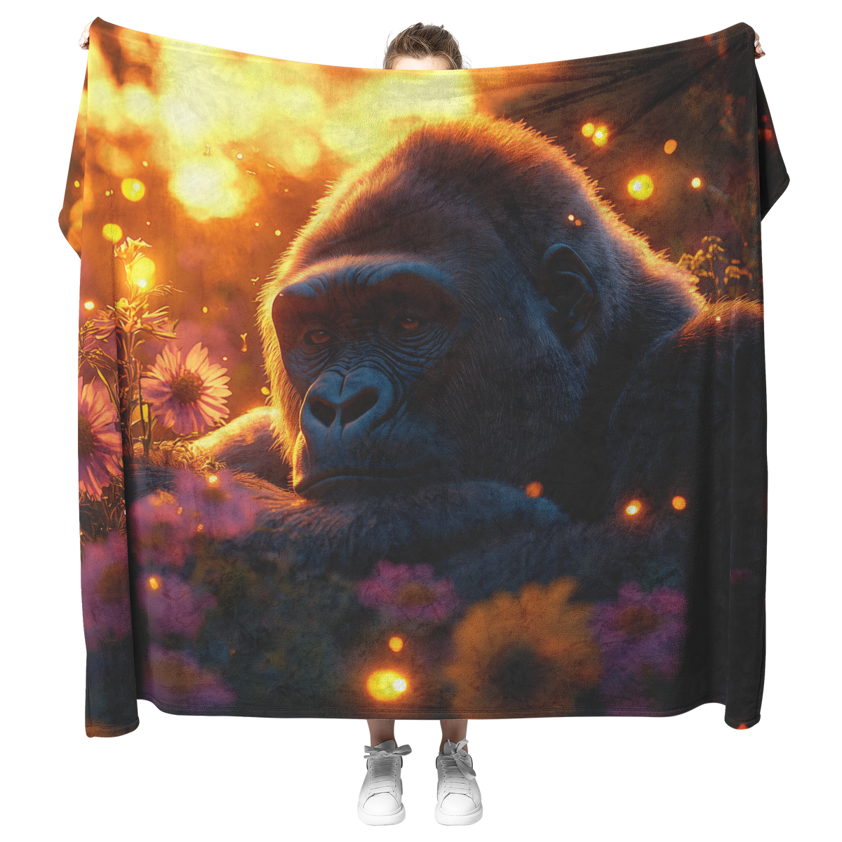 Gorilla_Resting_in_Glowing_Field_of_Wild_H_Blanket_Model_Mockup.png