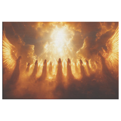 Group of Angels with Golden Wings Surrounded Clouds and Light Rays Set Against Warm Orange Tones  Divine Christian Canvas Art Symbolizing Power Mystery and Spiritual Light - Awakening Righteousness