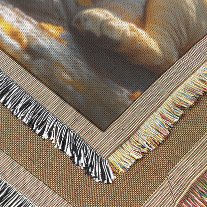 Serene Lion and Baby Lamb Resting Together in Golden Sunlight Christian Woven Throw Blanket Embodying Peace Unity and Divine Tranquility - Awakening Righteousness