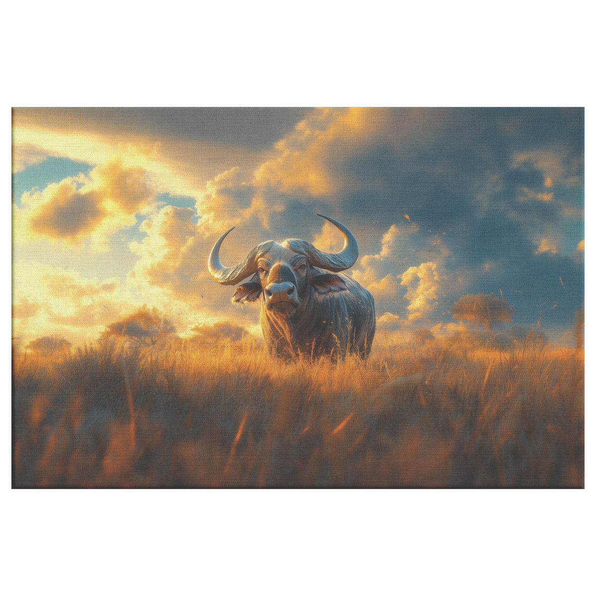 Majestic Buffalo in the Savanna Canvas Wall Art  Standing Tall with Golden Grass and Dramatic Clouds - Awakening Righteousness