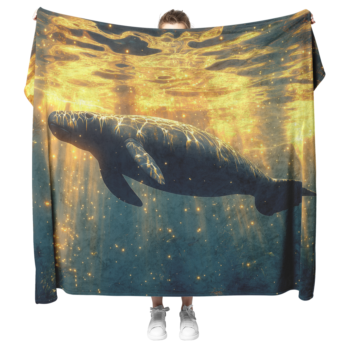 Manatee_Silhouetted_Against_Golden_Water_H_Blanket_Model_Mockup.png