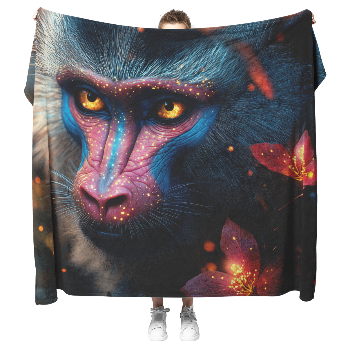 Mandrill_with_Colorful_Face_Illuminated__H_Blanket_Model_Mockup.png
