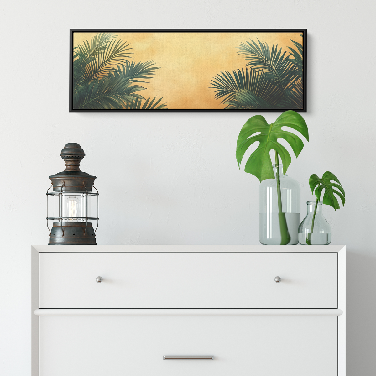 Minimalist Artwork Palm Fronds Black Line Art Warm Beige Background Ultra High Definition Modern Aesthetic Panoramic Framed Canvas Wall Art - Awakening Righteousness