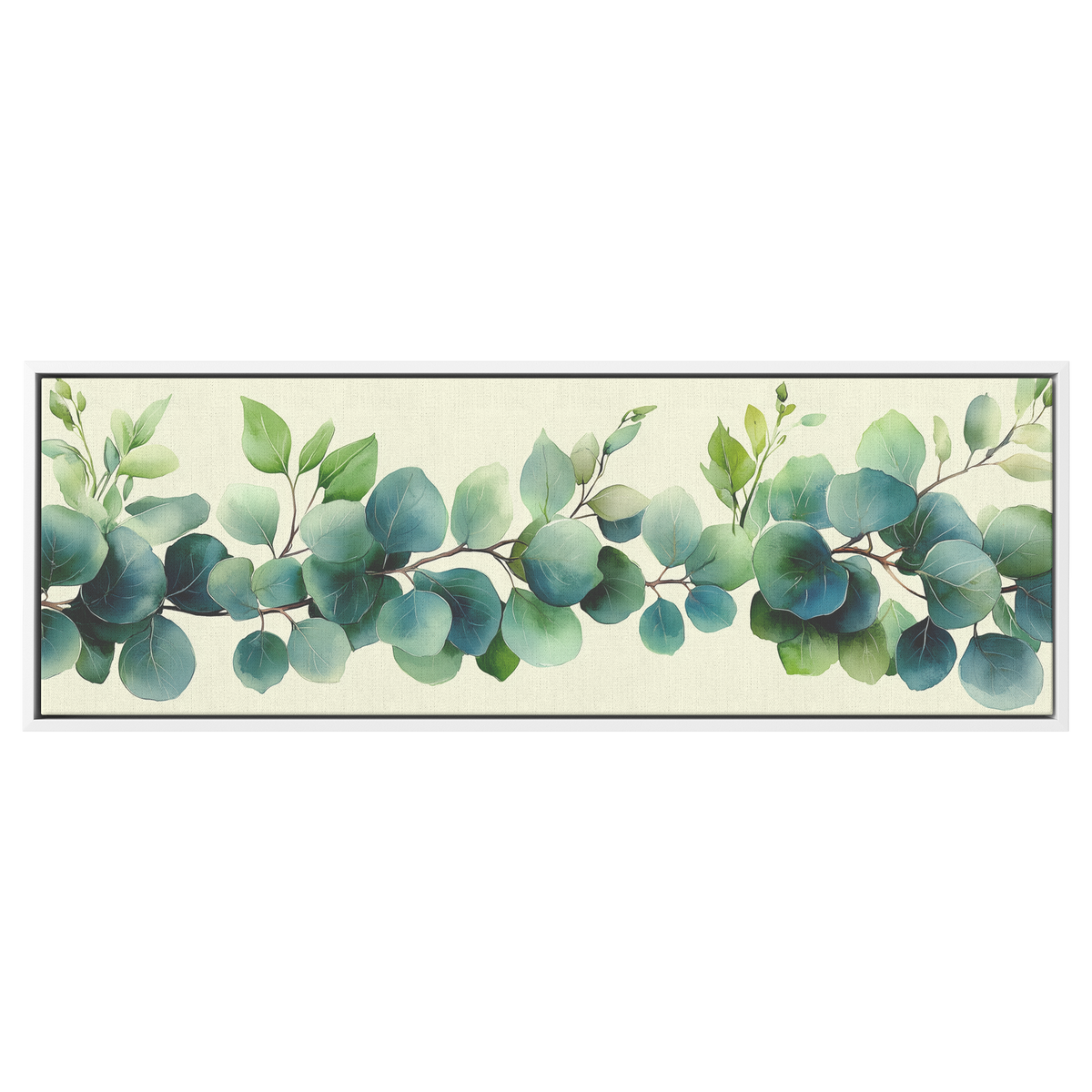 Minimalist Botanical Print Eucalyptus Leaves Subtle Green Watercolor Accents Cream Background Ultra High Definition Panoramic Framed Canvas Wall Art - Awakening Righteousness