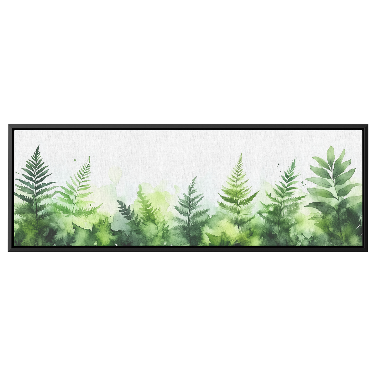 Minimalist Botanical Print Ferns Soft Green Watercolor Washes White Background Ultra High Definition Elegant Simplicity Panoramic Framed Canvas Wall Art - Awakening Righteousness