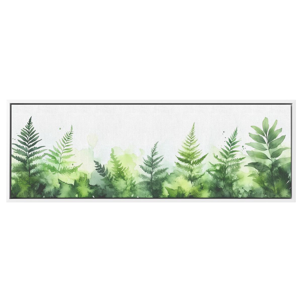 Minimalist Botanical Print Ferns Soft Green Watercolor Washes White Background Ultra High Definition Elegant Simplicity Panoramic Framed Canvas Wall Art - Awakening Righteousness
