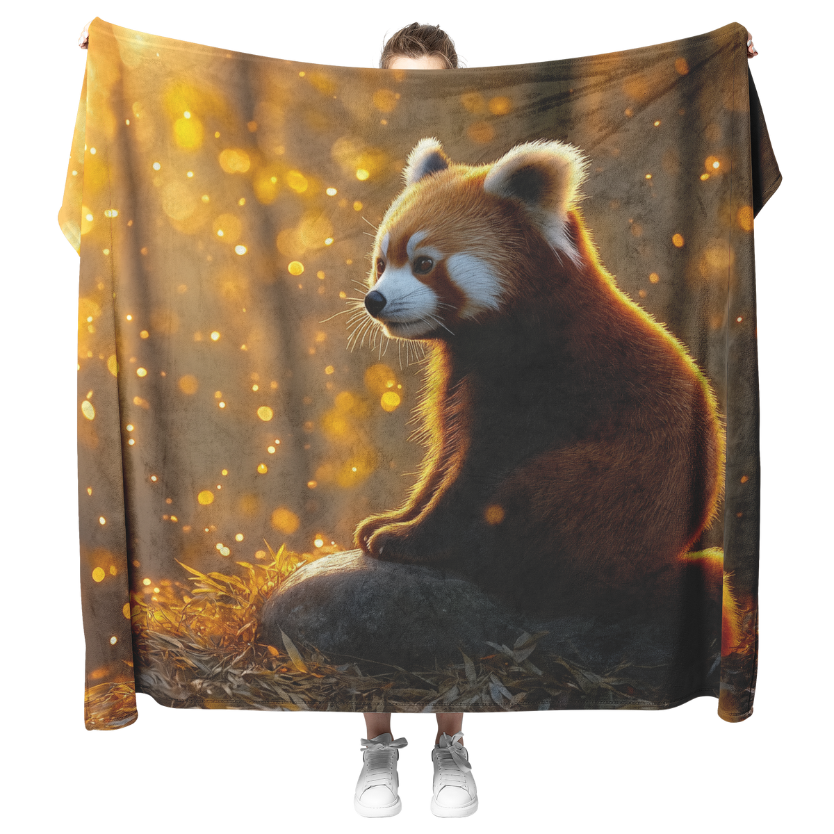 Red_Panda_Sitting_on_a_Glowing_Stone_in__H_Blanket_Model_Mockup.png