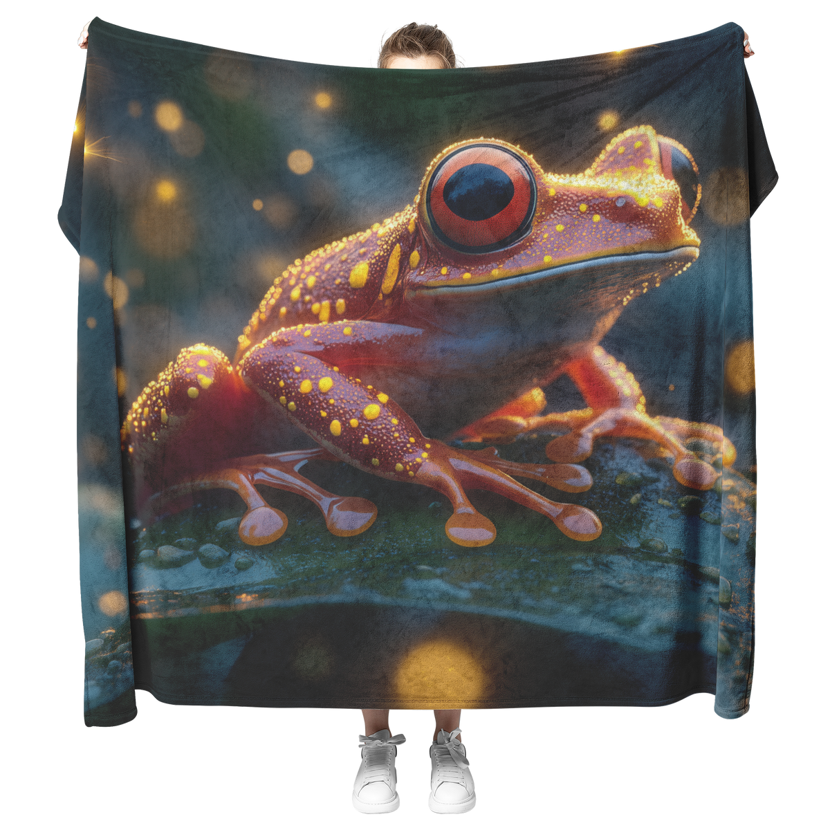 Red_Yellow_Poison_Dart_Frog_on_Glowing_L_H_Blanket_Model_Mockup.png