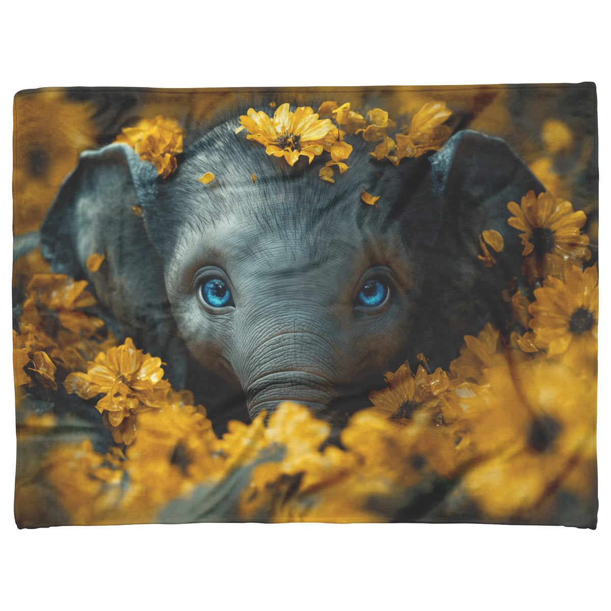 Sweet Baby Elephant with Blue Eyes Peeking Out of Yellow Flowers Cozy Fleece and Sherpa Blanket - Awakening Righteousness