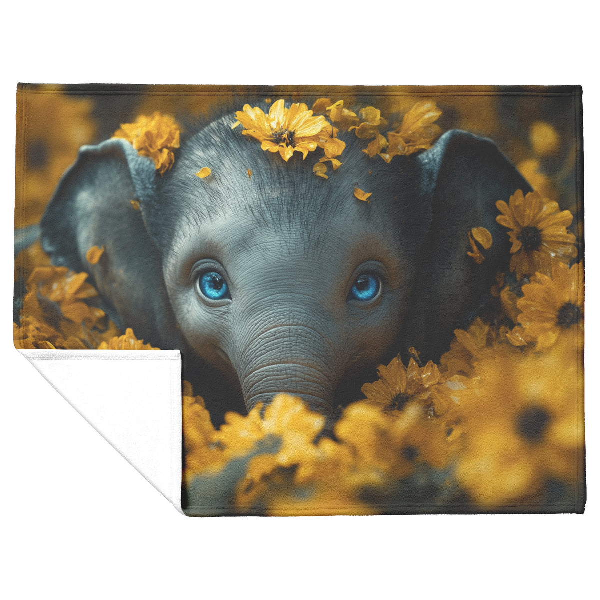 Sweet Baby Elephant with Blue Eyes Peeking Out of Yellow Flowers Cozy Fleece and Sherpa Blanket - Awakening Righteousness