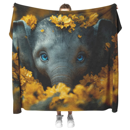Sweet Baby Elephant with Blue Eyes Peeking Out of Yellow Flowers Cozy Fleece and Sherpa Blanket - Awakening Righteousness