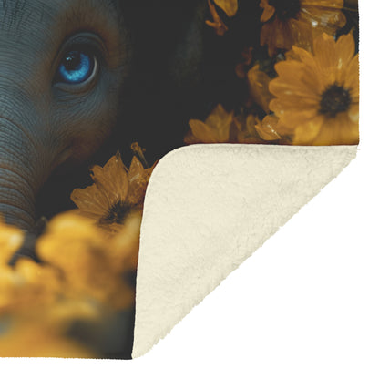 Sweet Baby Elephant with Blue Eyes Peeking Out of Yellow Flowers Cozy Fleece and Sherpa Blanket - Awakening Righteousness