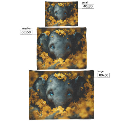 Sweet Baby Elephant with Blue Eyes Peeking Out of Yellow Flowers Cozy Fleece and Sherpa Blanket - Awakening Righteousness