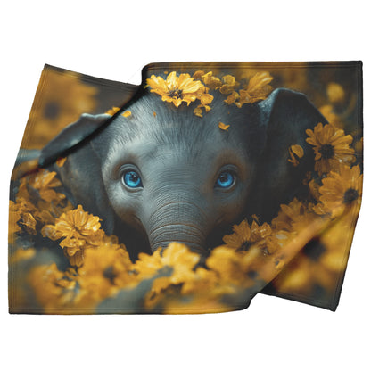 Sweet Baby Elephant with Blue Eyes Peeking Out of Yellow Flowers Cozy Fleece and Sherpa Blanket - Awakening Righteousness