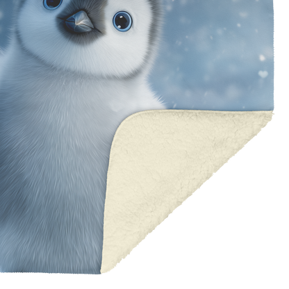 Two Baby Penguins Holding Flippers Heart Shaped Snowflakes Falling Blue Eyes Cozy Winter Love Photorealistic High Resolution Sherpa Fleece Blanket
