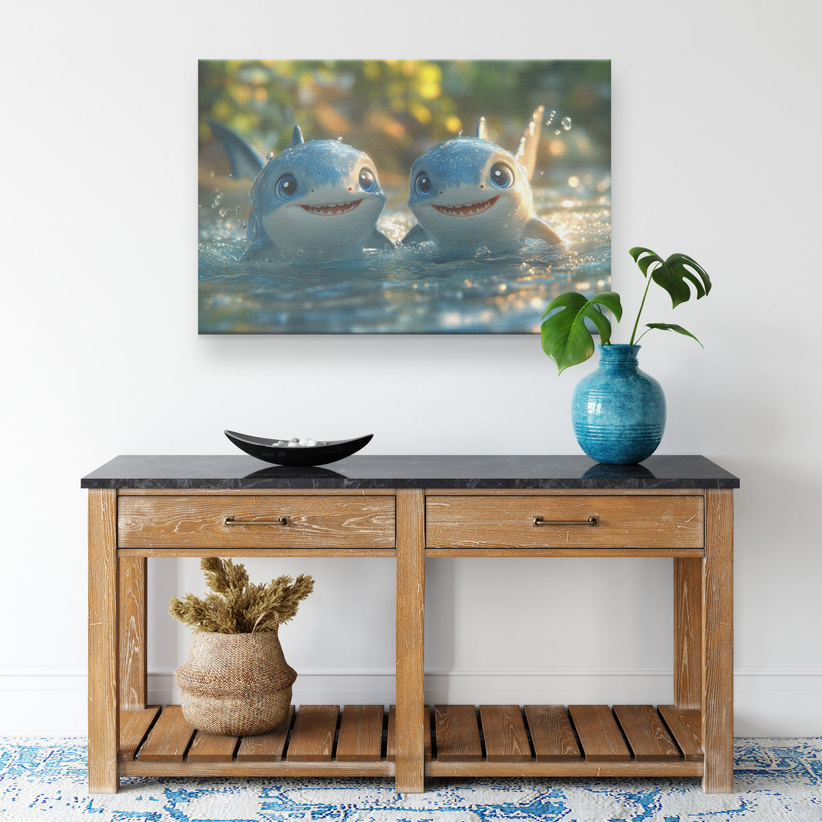 Two Cute Baby Sharks Swimming with Big Eyes and White Teeth Canvas Wall Art Decor - Awakening Righteousness